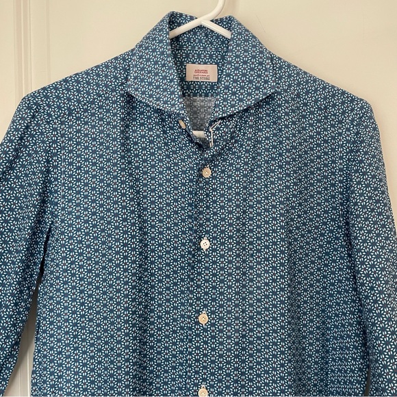 Alessandro Gherardi 100% Linen Hand Sew BlueGeometric Patterned Men's Shirt 38/S - Picture 3 of 9